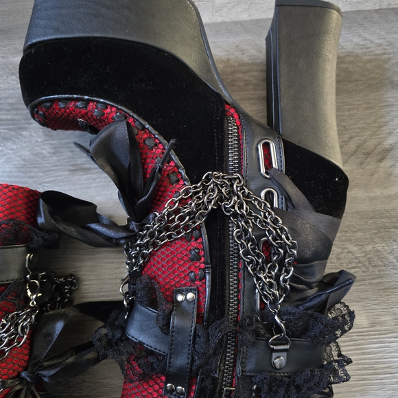 Demonia Black and Red Heeled Boots with Chains - Picture 3 of 7